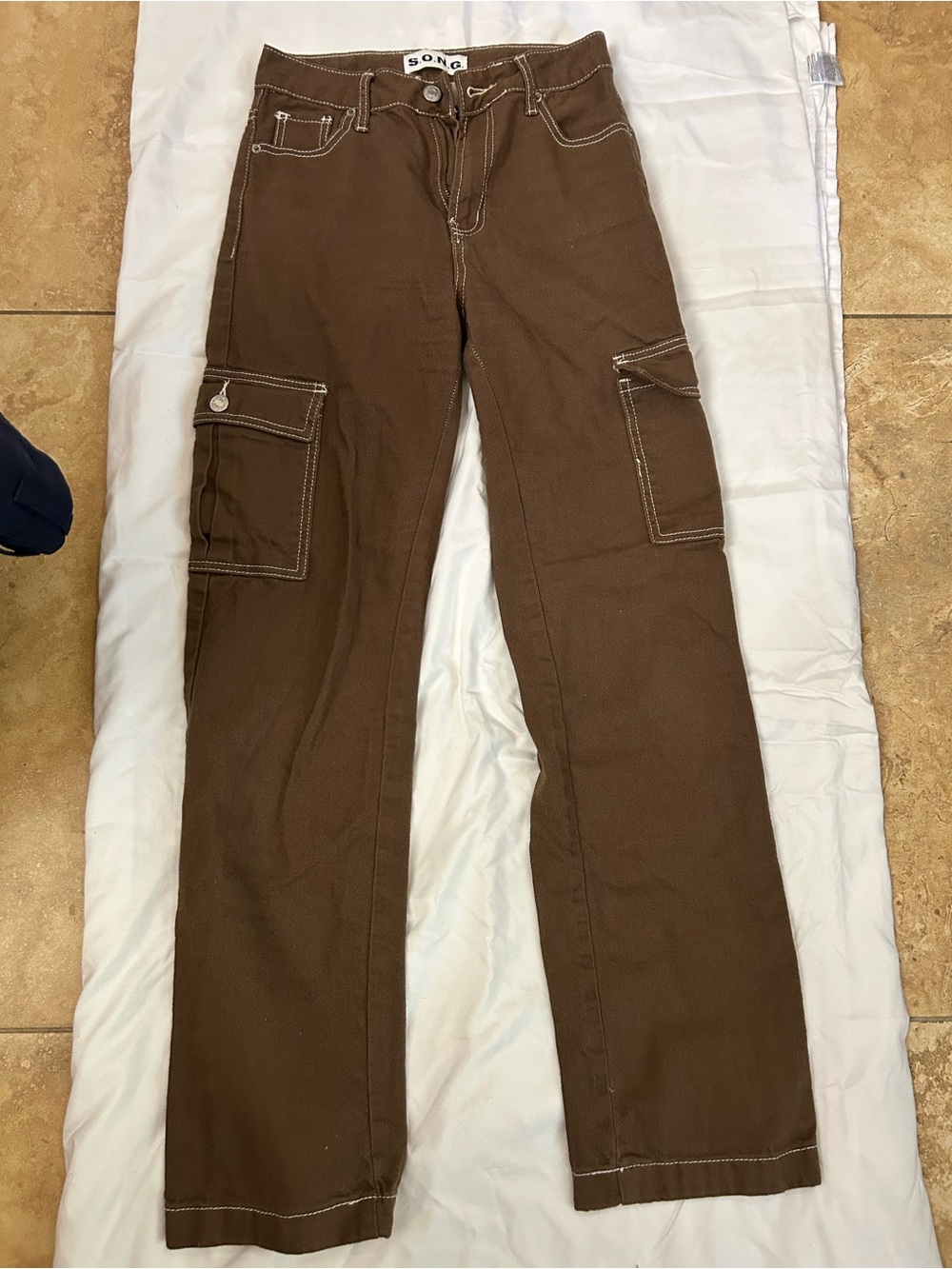 S.O.N.G. 90s Boyfriend Cargo Pants Brown Contrast Stitch Y2K Utility 0/24